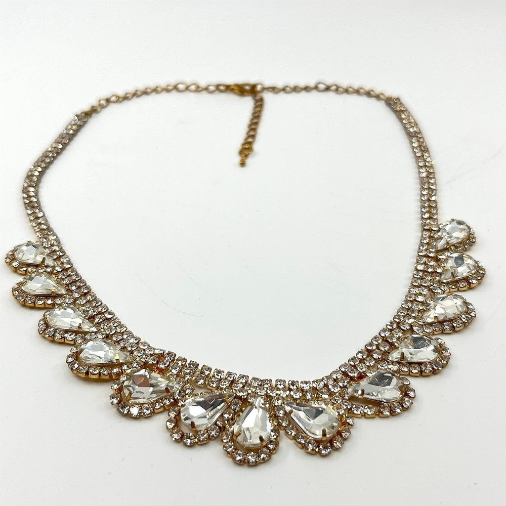 Vintage Gold Tone Pear Cut Rhinestone Statement Collar Glam Hollywood Necklace‎